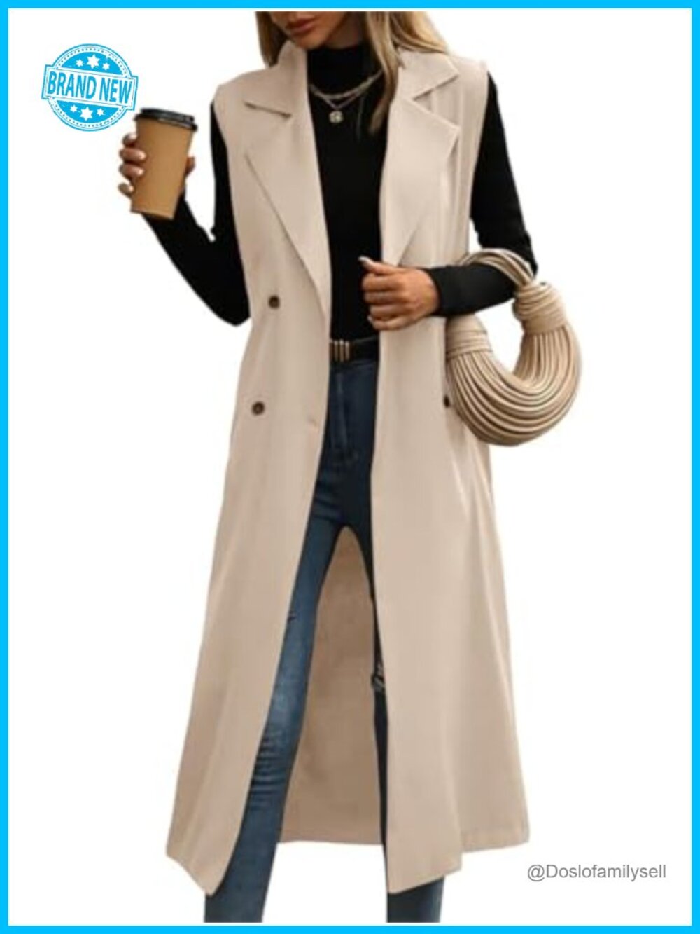 Womens Long Sleeveless Trench Coat Double Breasted Belted Vest Jacket